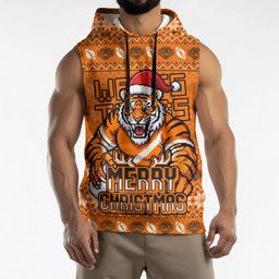 Personalized Wests Tigers Christmas Sleeveless Hoodie Australian Rugby Fans - Pixelated Ugly Xmas Pattern Mascot Santa