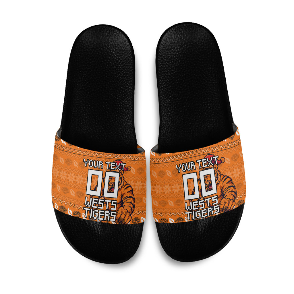 Personalized Wests Tigers Christmas Slide Sandals Australian Rugby Fans - Pixelated Ugly Xmas Pattern Mascot Santa