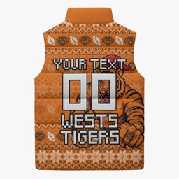 Personalized Wests Tigers Christmas Sleeveless Puffer Jacket Australian Rugby Fans - Pixelated Ugly Xmas Pattern Mascot Santa