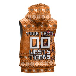 Personalized Wests Tigers Christmas Sleeveless Zip Hoodie Australian Rugby Fans - Pixelated Ugly Xmas Pattern Mascot Santa