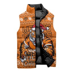 Personalized Wests Tigers Christmas Sleeveless Puffer Jacket Australian Rugby Fans - Pixelated Ugly Xmas Pattern Mascot Santa