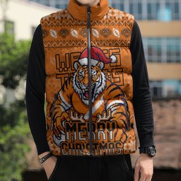 Personalized Wests Tigers Christmas Sleeveless Puffer Jacket Australian Rugby Fans - Pixelated Ugly Xmas Pattern Mascot Santa