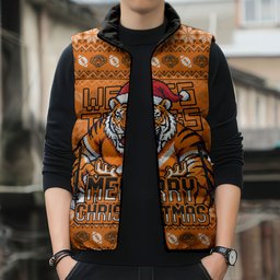 Personalized Wests Tigers Christmas Sleeveless Puffer Jacket Australian Rugby Fans - Pixelated Ugly Xmas Pattern Mascot Santa