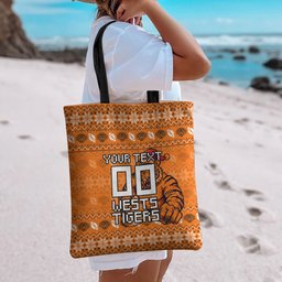 Personalized Wests Tigers Christmas Tote Bag Australian Rugby Fans - Pixelated Ugly Xmas Pattern Mascot Santa