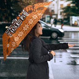 Personalized Wests Tigers Christmas Umbrella Australian Rugby Fans - Pixelated Ugly Xmas Pattern Mascot Santa