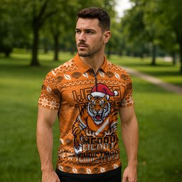 Personalized Wests Tigers Christmas Zipper Polo Shirt Australian Rugby Fans - Pixelated Ugly Xmas Pattern Mascot Santa