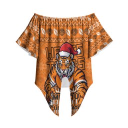 Personalized Wests Tigers Christmas Off Shoulder Wrap Waist Top Australian Rugby Fans - Pixelated Ugly Xmas Pattern Mascot Santa