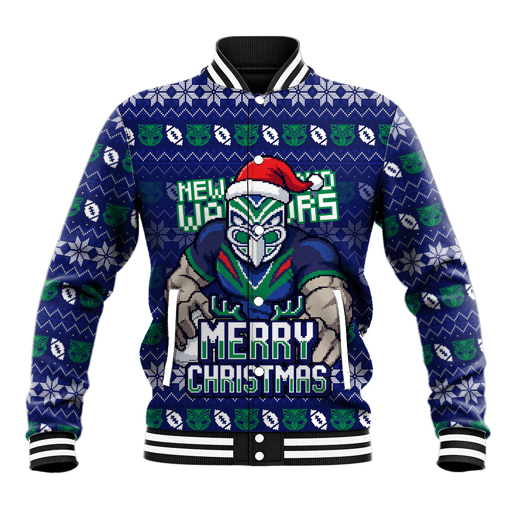 Personalized New Zealand Warriors Christmas Baseball Jacket Maori Rugby Fans - Pixelated Ugly Xmas Pattern Mascot Santa