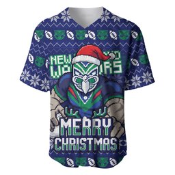 Personalized New Zealand Warriors Christmas Baseball Jersey Maori Rugby Fans - Pixelated Ugly Xmas Pattern Mascot Santa