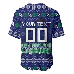 Personalized New Zealand Warriors Christmas Baseball Jersey Maori Rugby Fans - Pixelated Ugly Xmas Pattern Mascot Santa