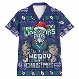 Personalized New Zealand Warriors Christmas Hawaiian Shirt Maori Rugby Fans - Pixelated Ugly Xmas Pattern Mascot Santa
