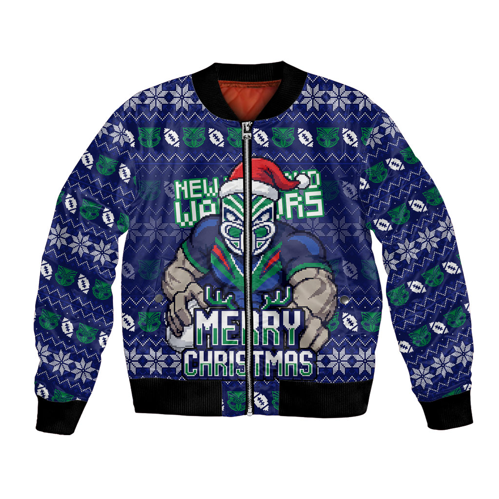 Personalized New Zealand Warriors Christmas Bomber Jacket Maori Rugby Fans - Pixelated Ugly Xmas Pattern Mascot Santa