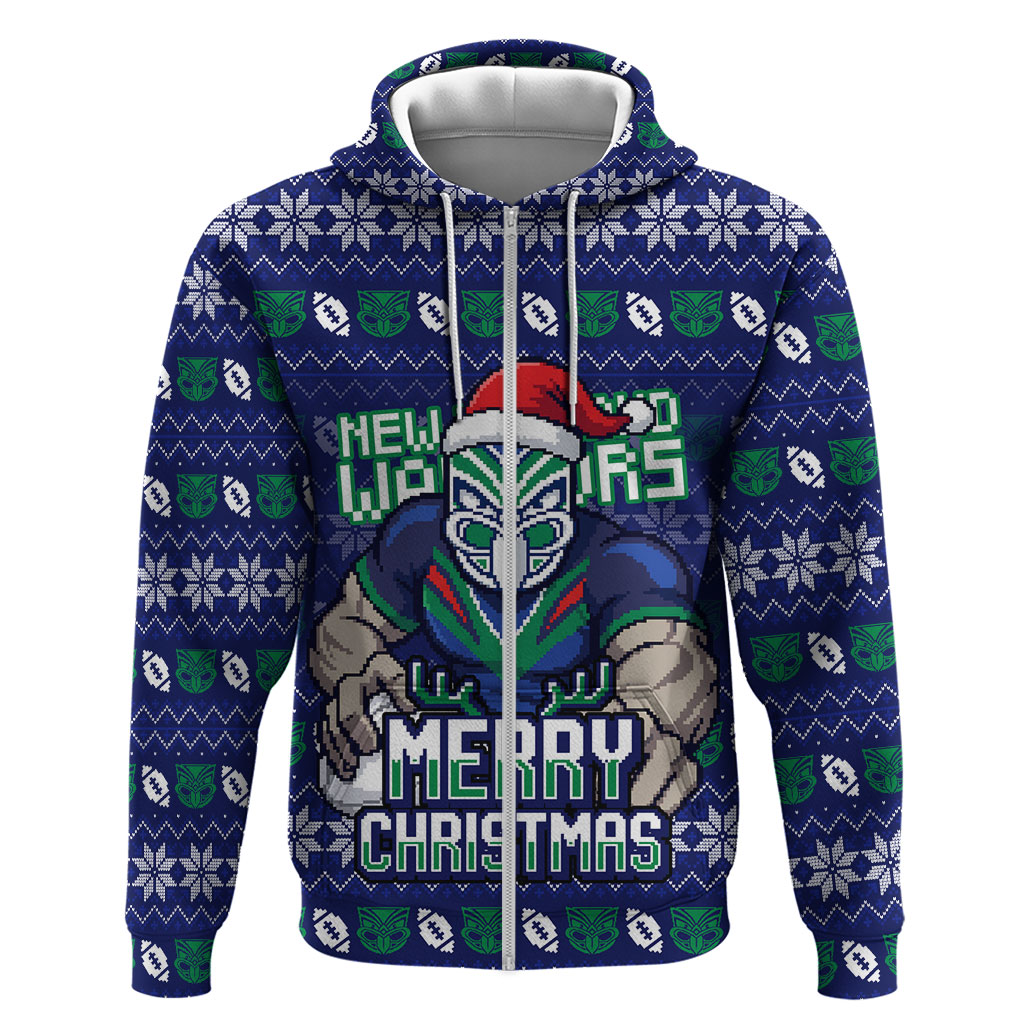 Personalized New Zealand Warriors Christmas Zip Hoodie Maori Rugby Fans - Pixelated Ugly Xmas Pattern Mascot Santa