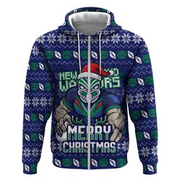 Personalized New Zealand Warriors Christmas Zip Hoodie Maori Rugby Fans - Pixelated Ugly Xmas Pattern Mascot Santa