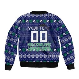 Personalized New Zealand Warriors Christmas Bomber Jacket Maori Rugby Fans - Pixelated Ugly Xmas Pattern Mascot Santa