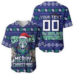 Personalized New Zealand Warriors Christmas Baseball Jersey Maori Rugby Fans - Pixelated Ugly Xmas Pattern Mascot Santa