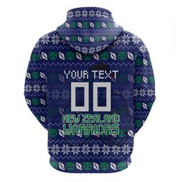 Personalized New Zealand Warriors Christmas Zip Hoodie Maori Rugby Fans - Pixelated Ugly Xmas Pattern Mascot Santa