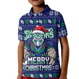 Personalized New Zealand Warriors Christmas Kid Polo Shirt Maori Rugby Fans - Pixelated Ugly Xmas Pattern Mascot Santa