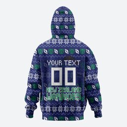 Personalized New Zealand Warriors Christmas Zip Hoodie Maori Rugby Fans - Pixelated Ugly Xmas Pattern Mascot Santa