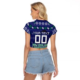 Personalized New Zealand Warriors Christmas Raglan Cropped T Shirt Maori Rugby Fans - Pixelated Ugly Xmas Pattern Mascot Santa