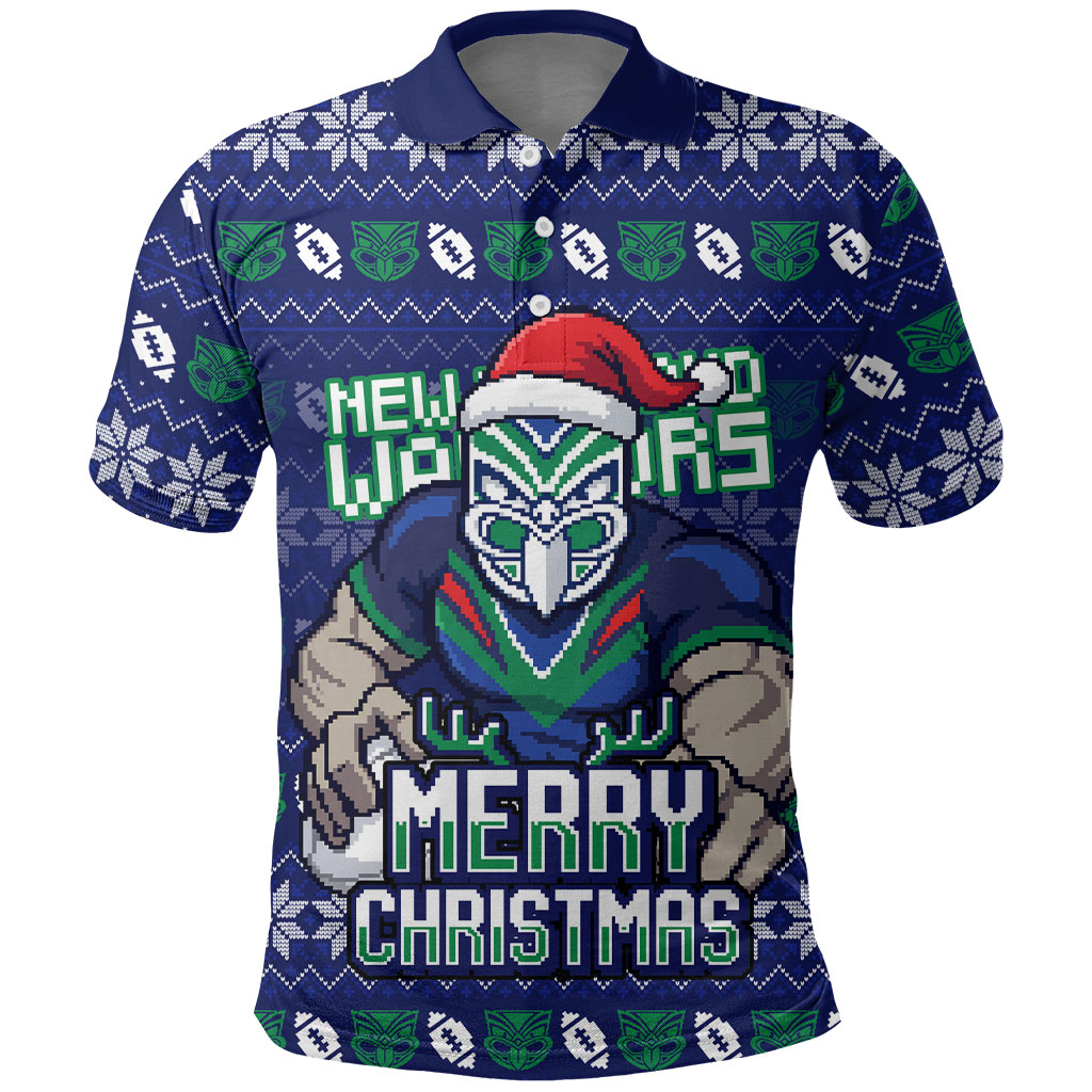 Personalized New Zealand Warriors Christmas Polo Shirt Maori Rugby Fans - Pixelated Ugly Xmas Pattern Mascot Santa