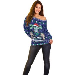 Personalized New Zealand Warriors Christmas Off Shoulder Sweater Maori Rugby Fans - Pixelated Ugly Xmas Pattern Mascot Santa