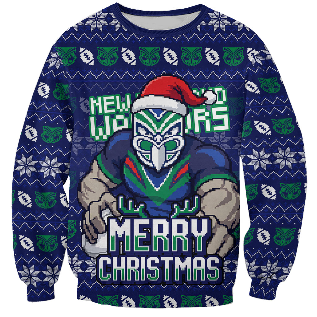 Personalized New Zealand Warriors Christmas Sweatshirt Maori Rugby Fans - Pixelated Ugly Xmas Pattern Mascot Santa