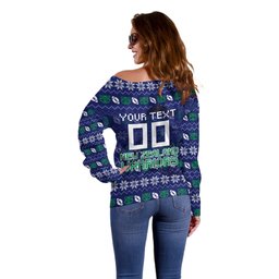 Personalized New Zealand Warriors Christmas Off Shoulder Sweater Maori Rugby Fans - Pixelated Ugly Xmas Pattern Mascot Santa
