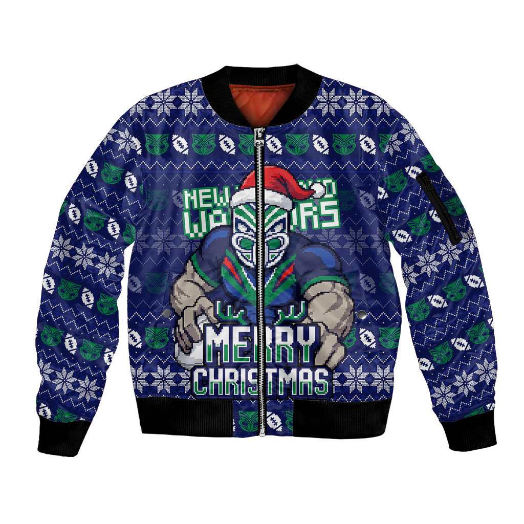 Personalized New Zealand Warriors Christmas Sleeve Zip Bomber Jacket Maori Rugby Fans - Pixelated Ugly Xmas Pattern Mascot Santa