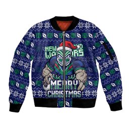 Personalized New Zealand Warriors Christmas Sleeve Zip Bomber Jacket Maori Rugby Fans - Pixelated Ugly Xmas Pattern Mascot Santa