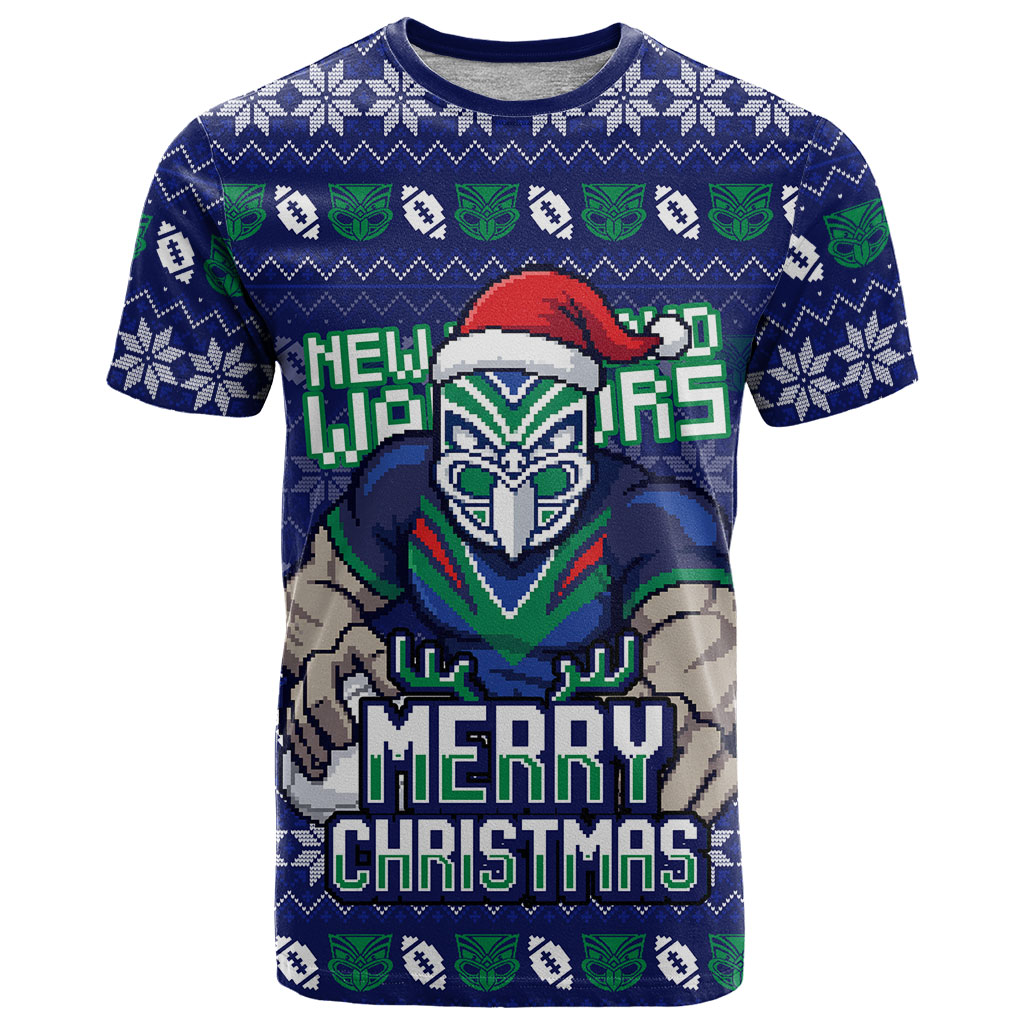 Personalized New Zealand Warriors Christmas T Shirt Maori Rugby Fans - Pixelated Ugly Xmas Pattern Mascot Santa