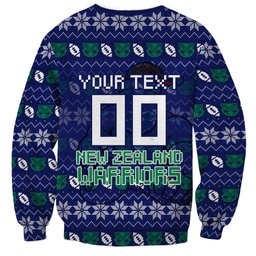 Personalized New Zealand Warriors Christmas Sweatshirt Maori Rugby Fans - Pixelated Ugly Xmas Pattern Mascot Santa