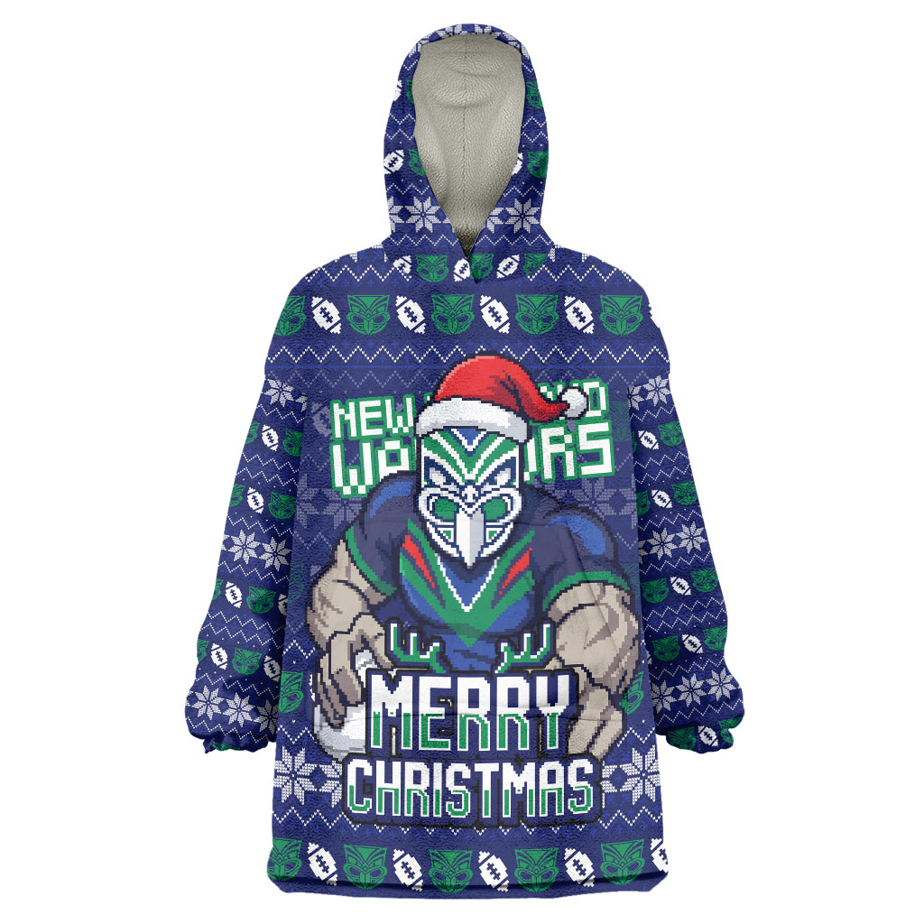 Personalized New Zealand Warriors Christmas Wearable Blanket Hoodie Maori Rugby Fans - Pixelated Ugly Xmas Pattern Mascot Santa
