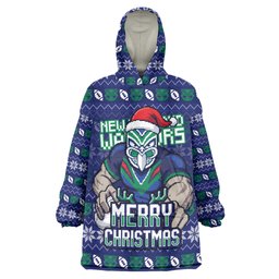 Personalized New Zealand Warriors Christmas Wearable Blanket Hoodie Maori Rugby Fans - Pixelated Ugly Xmas Pattern Mascot Santa
