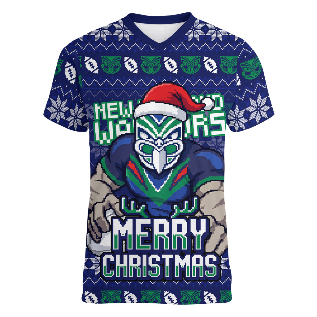 Personalized New Zealand Warriors Christmas Women V-Neck T-Shirt Maori Rugby Fans - Pixelated Ugly Xmas Pattern Mascot Santa