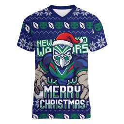 Personalized New Zealand Warriors Christmas Women V-Neck T-Shirt Maori Rugby Fans - Pixelated Ugly Xmas Pattern Mascot Santa
