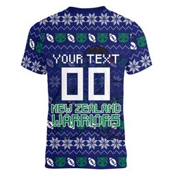 Personalized New Zealand Warriors Christmas Women V-Neck T-Shirt Maori Rugby Fans - Pixelated Ugly Xmas Pattern Mascot Santa