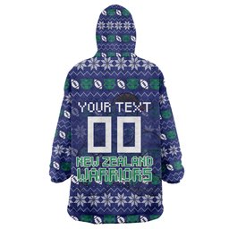 Personalized New Zealand Warriors Christmas Wearable Blanket Hoodie Maori Rugby Fans - Pixelated Ugly Xmas Pattern Mascot Santa
