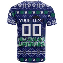 Personalized New Zealand Warriors Christmas T Shirt Maori Rugby Fans - Pixelated Ugly Xmas Pattern Mascot Santa