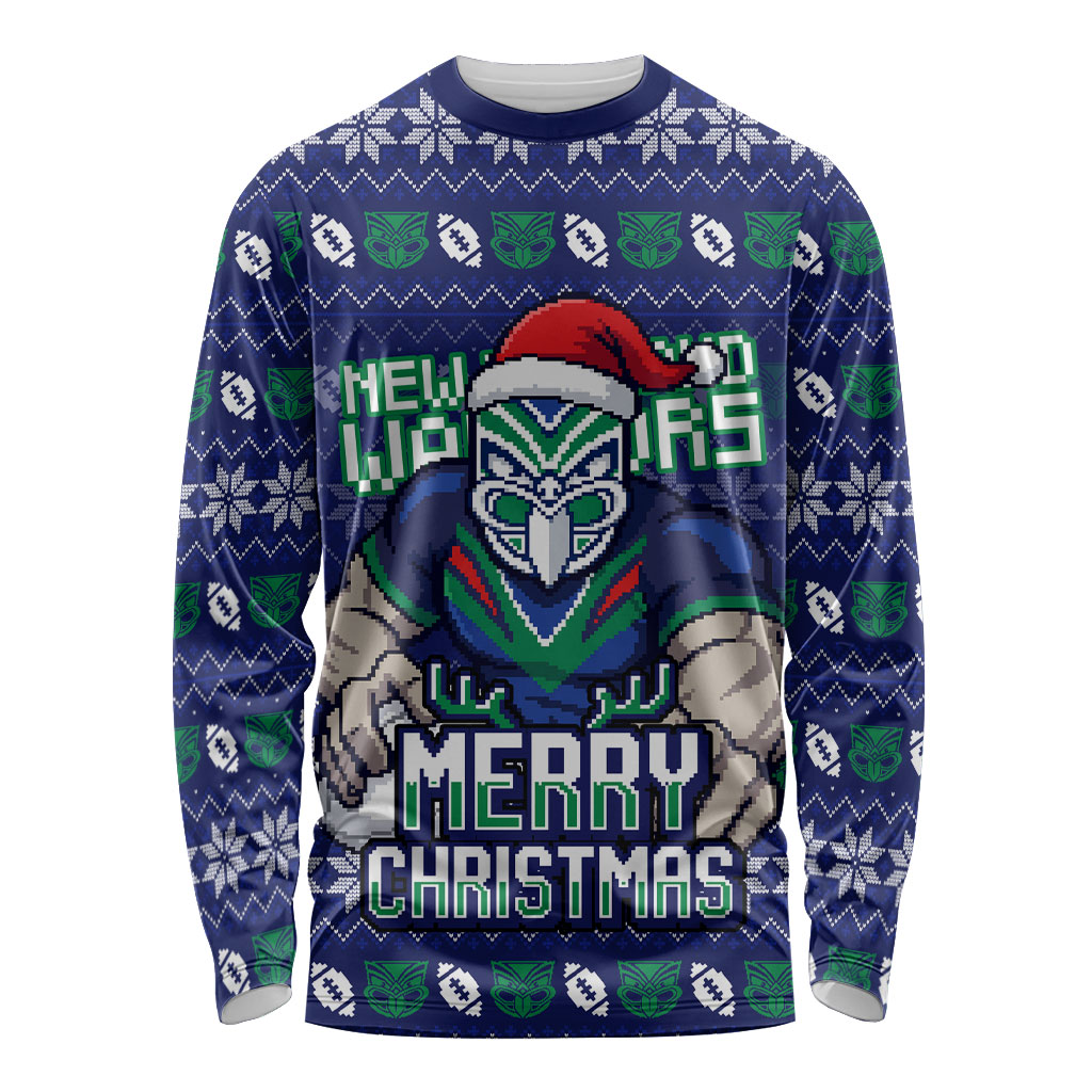Personalized New Zealand Warriors Christmas Long Sleeve Shirt Maori Rugby Fans - Pixelated Ugly Xmas Pattern Mascot Santa