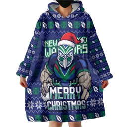 Personalized New Zealand Warriors Christmas Wearable Blanket Hoodie Maori Rugby Fans - Pixelated Ugly Xmas Pattern Mascot Santa