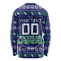 Personalized New Zealand Warriors Christmas Long Sleeve Shirt Maori Rugby Fans - Pixelated Ugly Xmas Pattern Mascot Santa