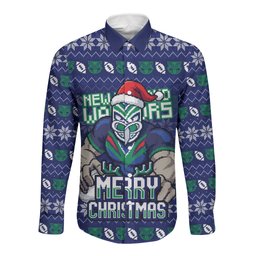 Personalized New Zealand Warriors Christmas Long Sleeve Button Shirt Maori Rugby Fans - Pixelated Ugly Xmas Pattern Mascot Santa