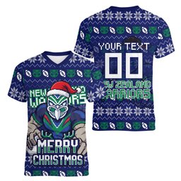 Personalized New Zealand Warriors Christmas Women V-Neck T-Shirt Maori Rugby Fans - Pixelated Ugly Xmas Pattern Mascot Santa