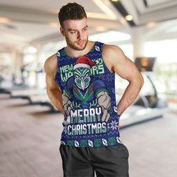 Personalized New Zealand Warriors Christmas Men Tank Top Maori Rugby Fans - Pixelated Ugly Xmas Pattern Mascot Santa