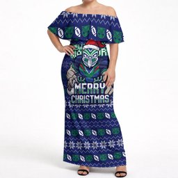 Personalized New Zealand Warriors Christmas Off Shoulder Maxi Dress Maori Rugby Fans - Pixelated Ugly Xmas Pattern Mascot Santa