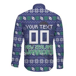 Personalized New Zealand Warriors Christmas Long Sleeve Button Shirt Maori Rugby Fans - Pixelated Ugly Xmas Pattern Mascot Santa