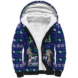 Personalized New Zealand Warriors Christmas Sherpa Hoodie Maori Rugby Fans - Pixelated Ugly Xmas Pattern Mascot Santa