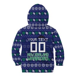Personalized New Zealand Warriors Christmas Kid Hoodie Maori Rugby Fans - Pixelated Ugly Xmas Pattern Mascot Santa