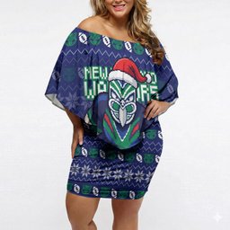 Personalized New Zealand Warriors Christmas Off Shoulder Short Dress Maori Rugby Fans - Pixelated Ugly Xmas Pattern Mascot Santa